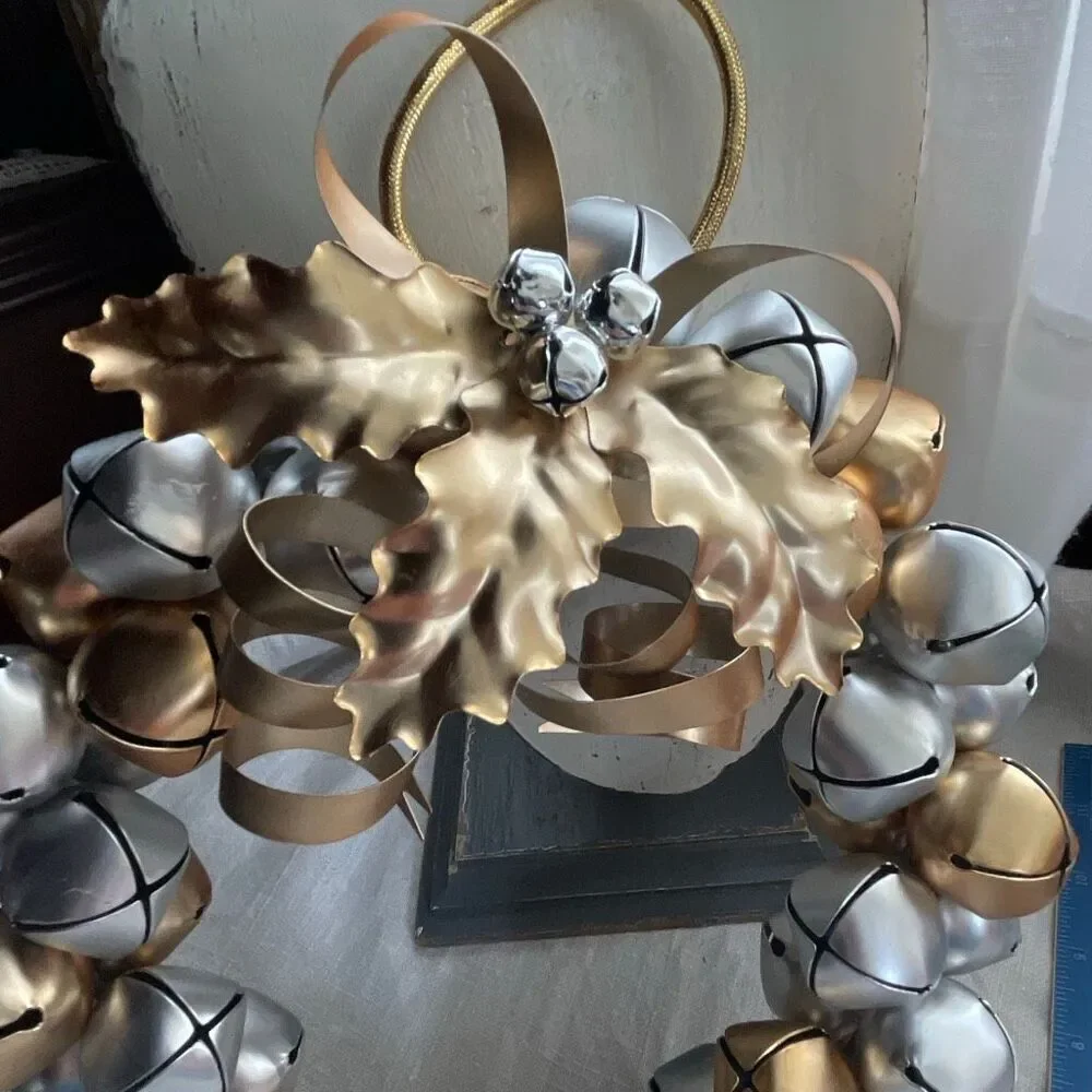 Silver & Gold jingle bells wreath hanging cord Holly decor